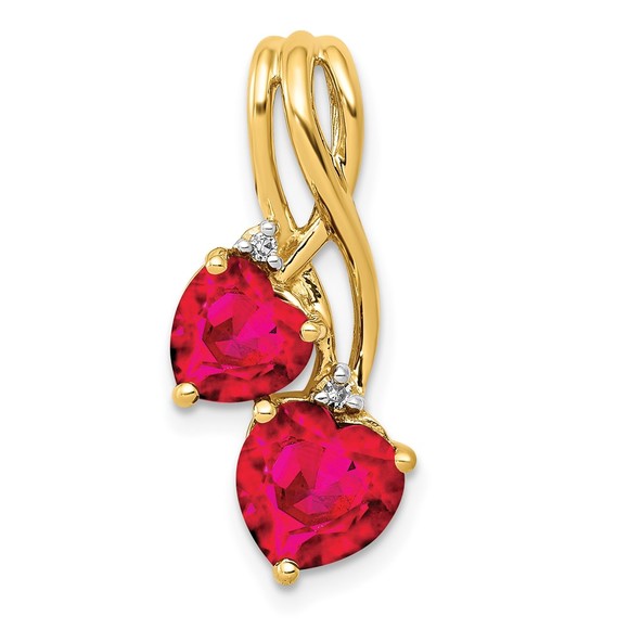 14k Yellow Gold Lab Created Ruby & Diamond Double Heart Necklace Charm Pendant - Picture 1 of 3